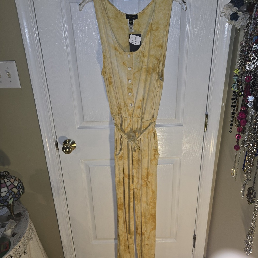Espresso‎ Yellow Tie Dye Button Front Jumpsuit Wide Leg Belted Womens Large